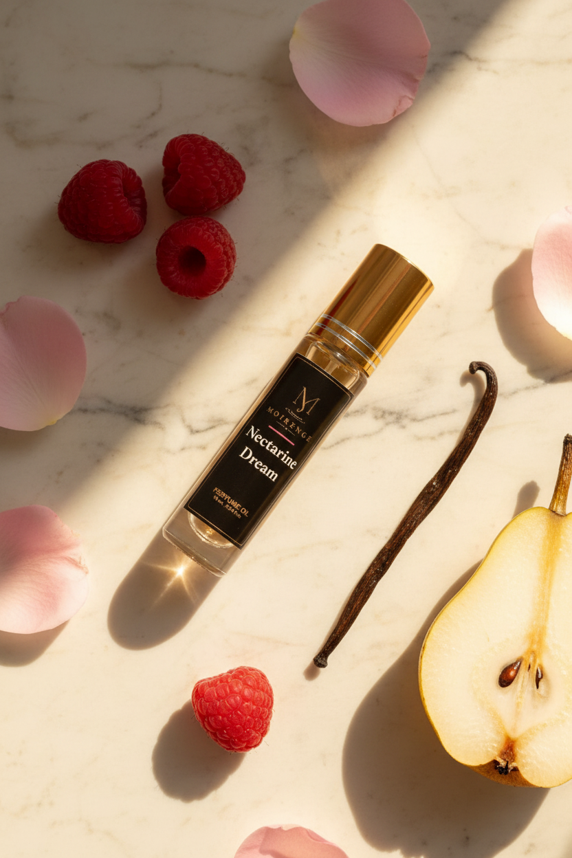 Nectarine Dream alcohol-free perfume oil roll-on, hand-batched in Canada