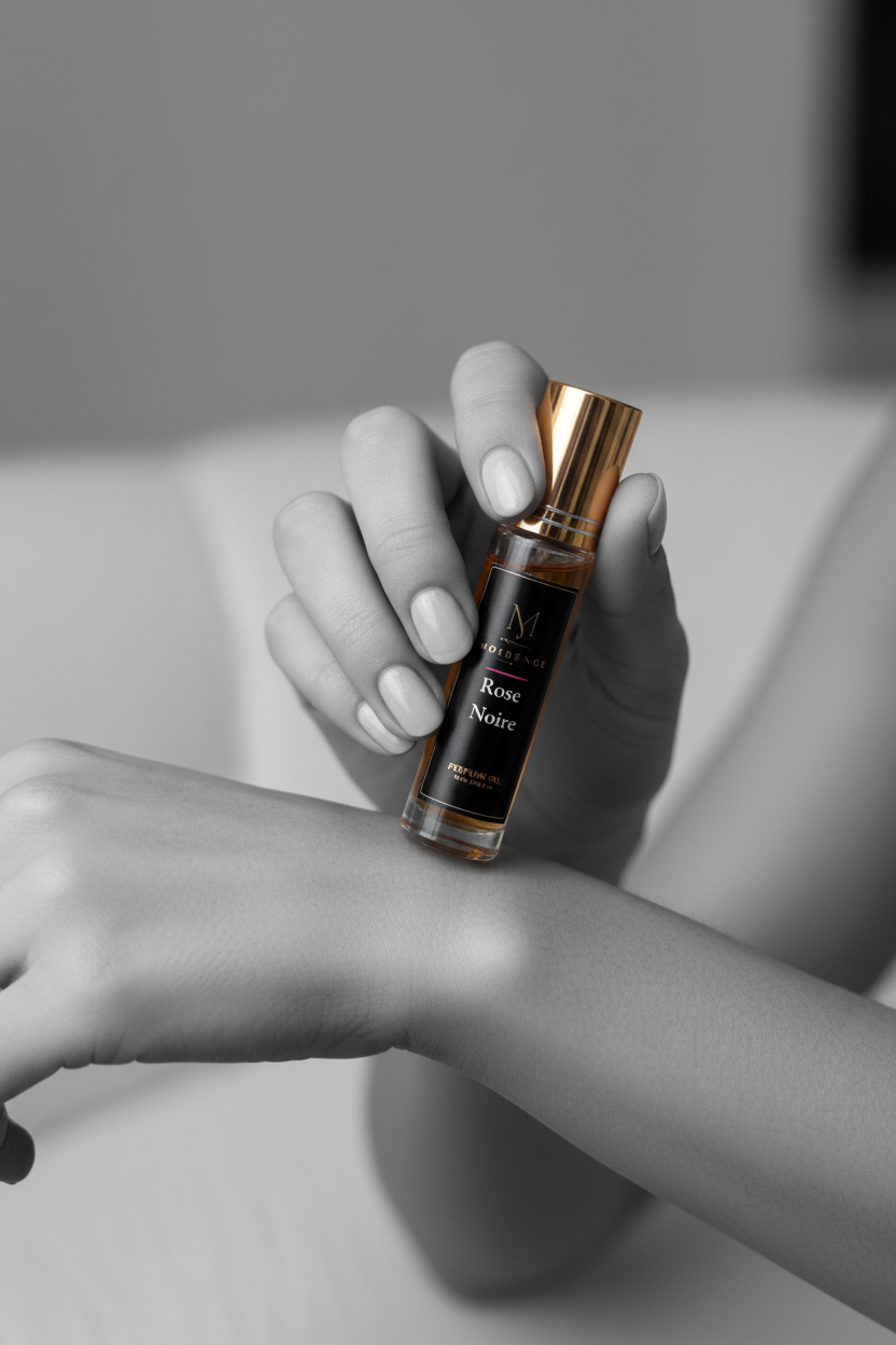 Rose Noire alcohol-free perfume oil roll-on, hand-batched in Canada